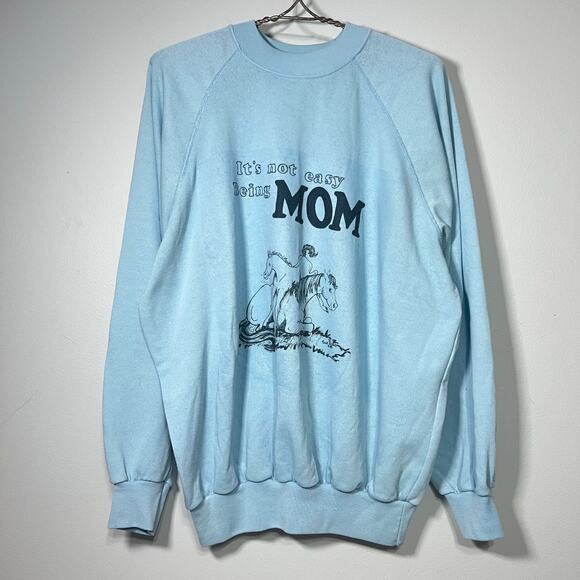 Vintage 80s Size XXL Blue Its Not Easy Being Mom Horse Sweatshirt Equestrian - Picture 7 of 12